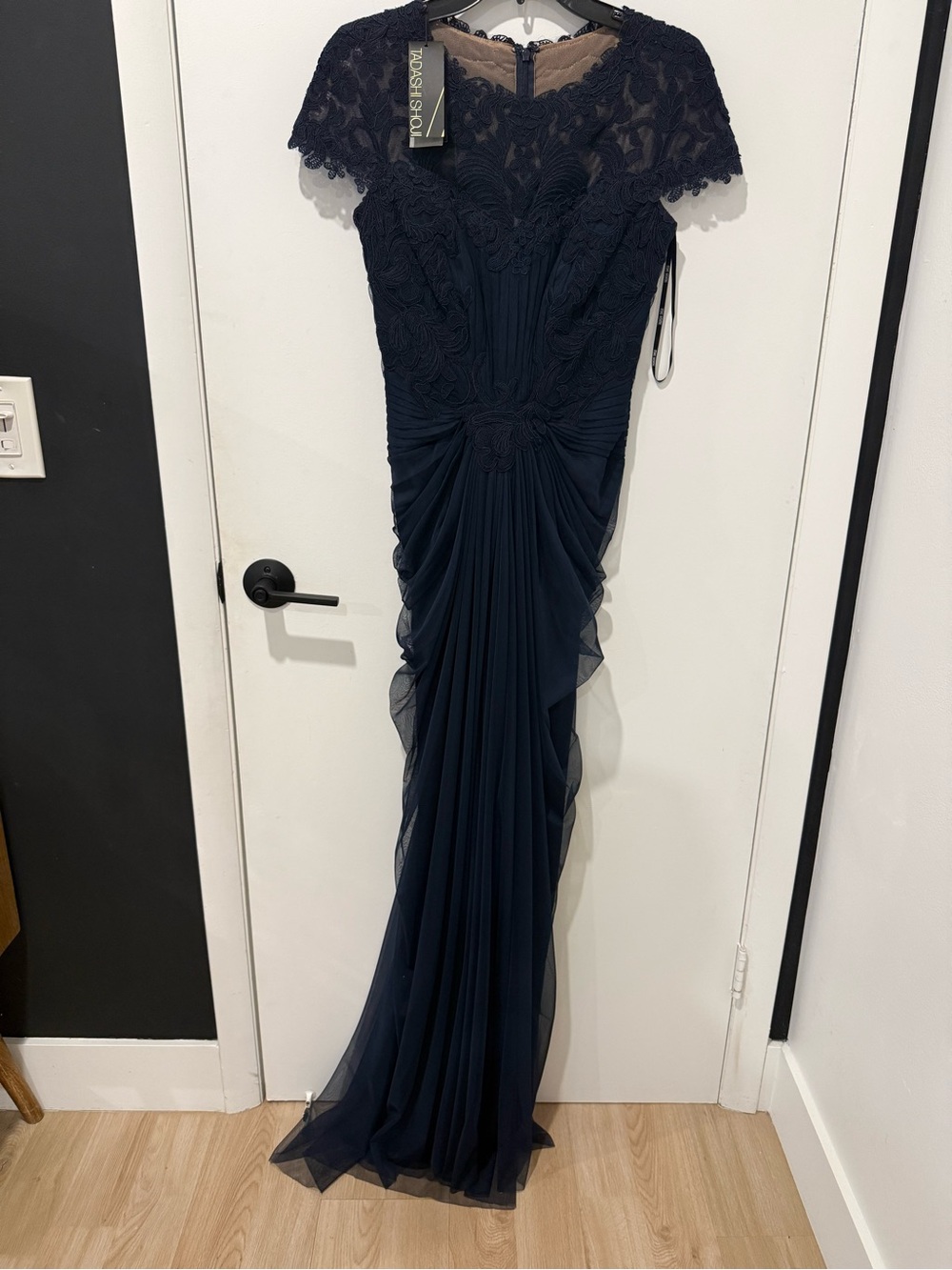 Tadashi Shoji Navy Lace & Chiffon Maxi Gown